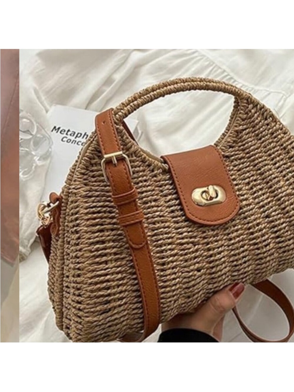Straw Hand-woven Top-handle Crossbody Tote Bag - Picture 3 of 8